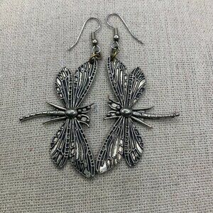Dragonfly Etched Dangling Silver Tone Earrings